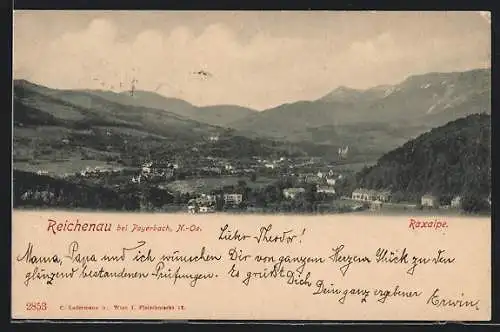 AK Reichenau bei Payerbach, Ortsansicht mit der Raxalpe