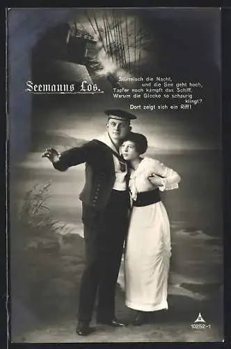 AK Seemanns Los, Matrose mit Mützenband der 1. Torpedoboots-Division in Zweisamkeit mit der Ehefrau