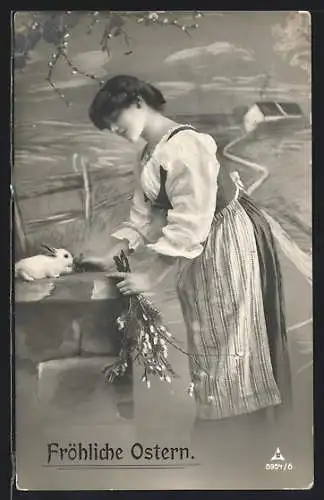 Foto-AK Photochemie Berlin Nr. 5954 /6: Junge Frau füttert einen kleinen Hasen zu Ostern