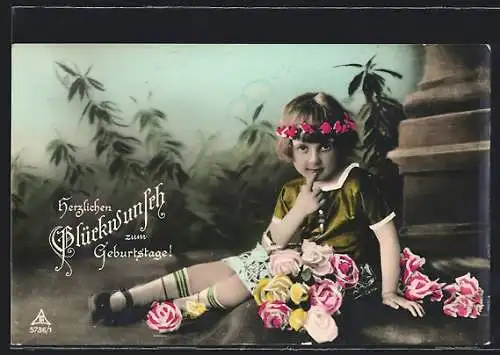 Foto-AK Photochemie Berlin Nr. 5736 /1: Kleines Mädchen mit Rosen und pinken Blüten im Haar