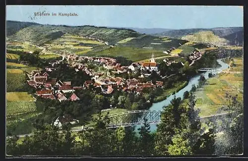 AK Stiefern in Kamptal, Gesamtansicht mit zwei Eisenbahnbrücken