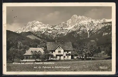AK Admont, Mühlau, Pension Alpenheim mit Gr. Pyhrgas und Scheiblingstein