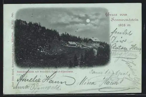 Mondschein-AK Schottwien, Das Friedrich Schüler-Alpenhaus am Sonnwendstein