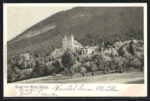 AK Maria Schutz, Die Wallfahrtskirche am Berghang