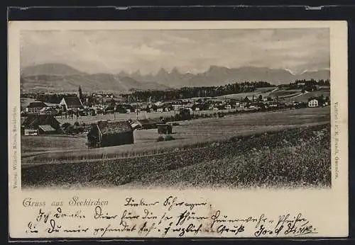 AK Seekirchen, Ortsansicht mit Feldern und Bergpanorama