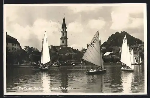 AK Mattsee, Ortspanorama mit Kirche, Segelboote