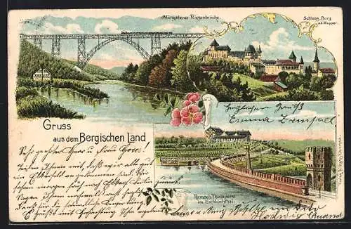 Lithographie Solingen-Burg, Schloss Burg, Müngstener Riesenbrücke