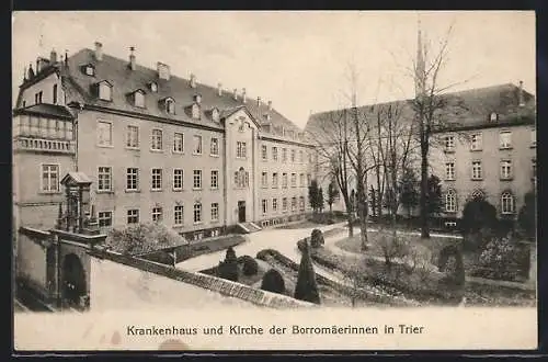 AK Trier, Krankenhaus und Kirche der Borromäerinnen aus der Vogelschau, Hofansicht