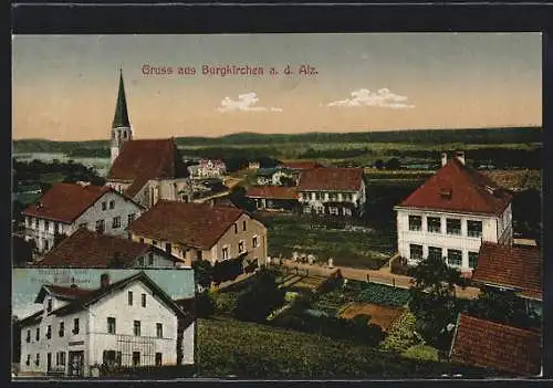 AK Burgkirchen a. d. Alz, Ortsansicht mit Kirche und Blick in die Ferne