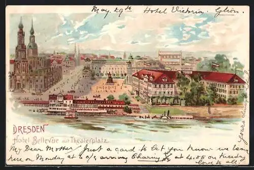 Lithographie Dresden, Hotel Bellevue mit Theaterplatz