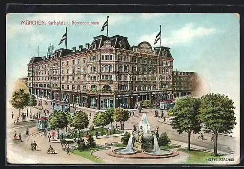 Künstler-AK München, Karlsplatz und Nornenbrunnen mit Hotel Stachus aus der Vogelschau, Strassenbahn