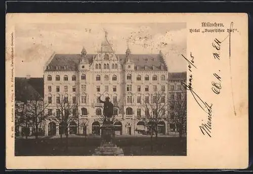 AK München, Hotel Bayerischer Hof mit Strasse und Standbild
