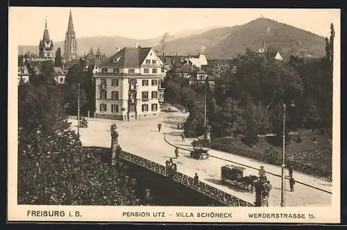 AK Freiburg i. B., Pension Utz / Villa Schöneck, Werderstrasse 15 aus der Vogelschau, mit Brücke