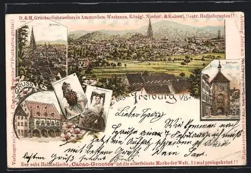 Lithographie Freiburg / Breisgau, Gesamtansicht, diverse Teilansichten