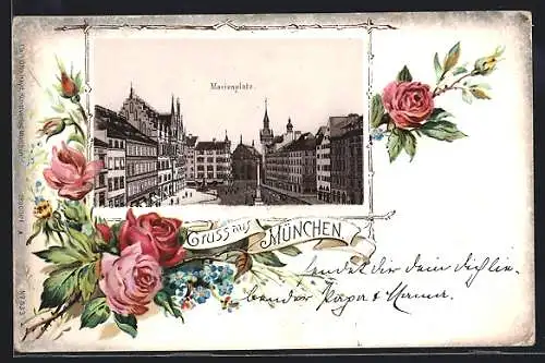 Passepartout-Lithographie München, Marienplatz aus der Vogelschau, Rosen, Vergissmeinnicht