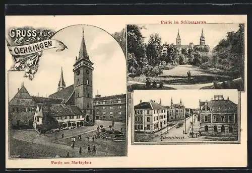 AK Oehringen, Partie am Marktplatz, Partie im Schlossgarten, Bahnhofstrasse