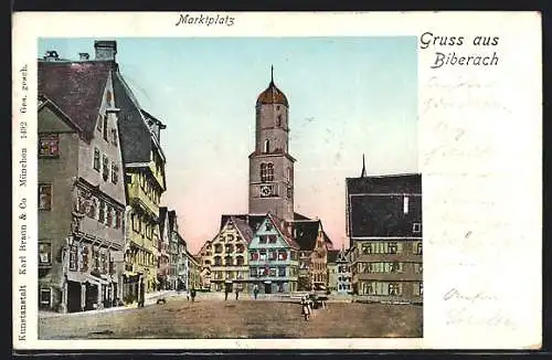 Goldfenster-AK Biberach / Riss, Szene am Marktplatz