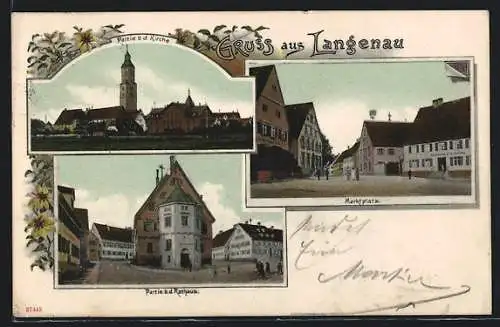 AK Langenau / Württ., Partie bei der Kirche mit Rathaus und Marktplatz