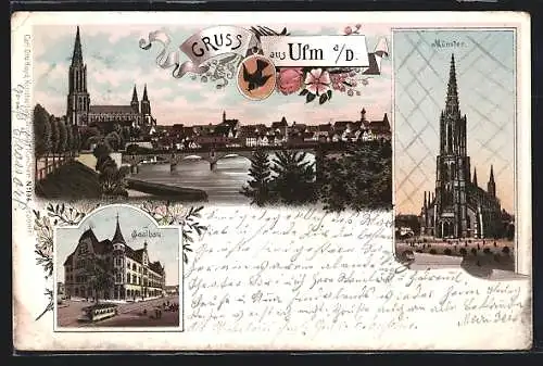 Lithographie Ulm / Donau, Ortsansicht mit Brücke, Münster, Saalbau
