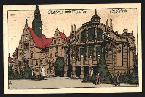 Steindruck-AK Bielefeld, Rathaus und Theater