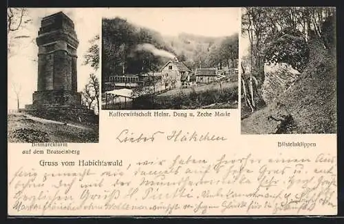 AK Habichtswald, Gasthaus Kaffeewirtschaft Heinr. Dung u. Zeche Marie, Bilsteinklippen, Bismarckturm