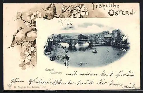 AK Cassel, An der Fuldabrücke, Ostermotiv mit Spatzen