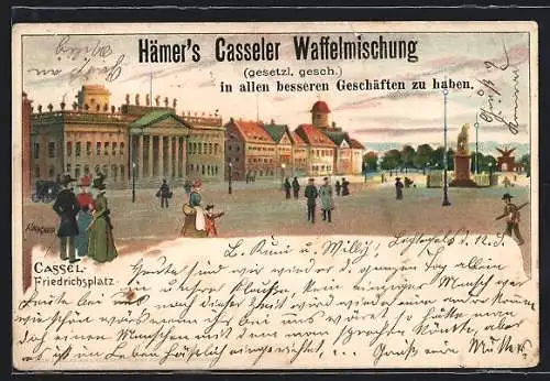 Künstler-AK Cassel, Am Friedrichsplatz, Reklame Hämer`s Casseler Waffelmischung