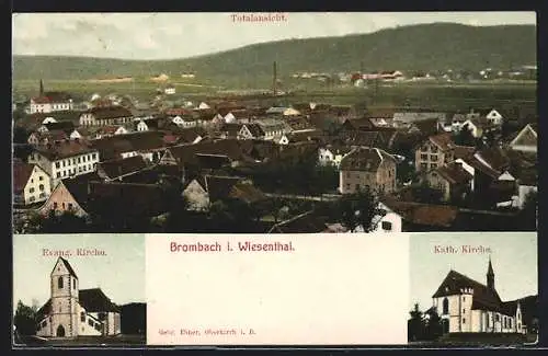 AK Brombach i. Wiesenthal, Totalansicht, Evangelische Kirche, Katholische Kirche