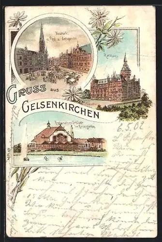 Lithographie Gelsenkirchen, Neumarkt, Rathaus Restaurant im Kaisergarten