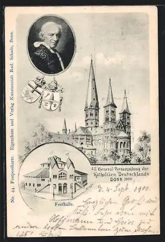 AK Bonn, Festpostkarte zur Generalversammlung der Katholiken 1900, Festhalle, Papst Leo XIII.