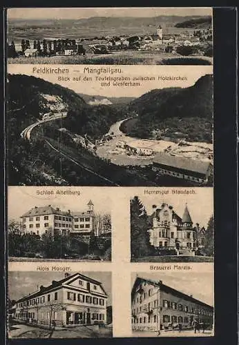 AK Feldkirchen-Mangfallgau, Ortsansicht, Blick auf den Teufelsgraben, Schloss Altenburg, Herrengut Staudach, Brauerei