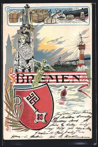 Lithographie Bremen, Leuchtturm, Roland, Dampfer, Wappen