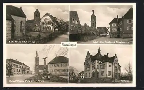 AK Denzlingen, Robert Wagner-Platz mit evang. Kirche, Rathaus, Strasse mit Storchenturm