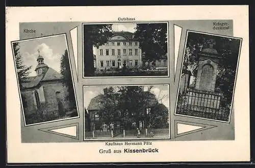 AK Kissenbrück, Kaufhaus Hermann Pätz, Gutshaus, Kriegerdenkmal