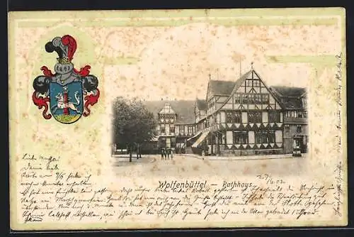 AK Wolfenbüttel, Rathhaus mit Strassenpartie, Wappen