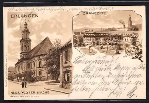 Lithographie Erlangen, Neustaedter Kirche, Orangerie
