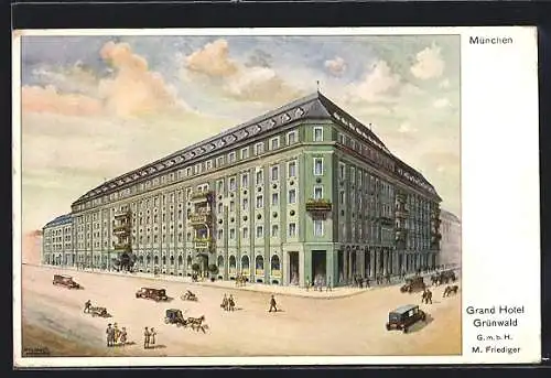 Künstler-AK München, Grand Hotel Grünwald G. m. B. H. mit Pferdewägen