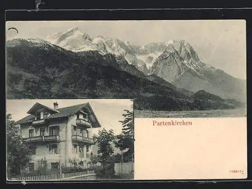 AK Partenkirchen, Bergpanorama und Gasthaus