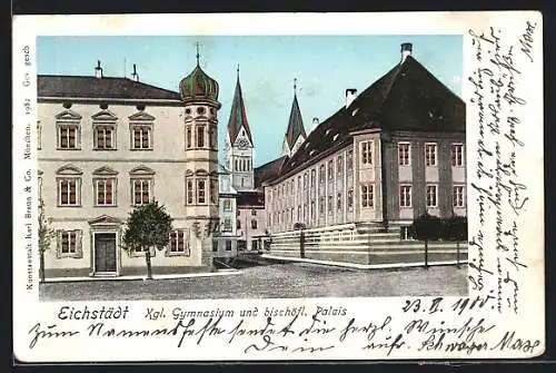 Goldfenster-AK Eichstätt, Kgl. Gymnasium und bischöfl. Palais mit leuchtenden Fenstern