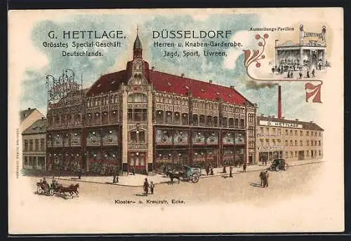 Lithographie Düsseldorf, Herren-Modegeschäft G. Hettlage Ecke Kloster- u. Kreuzstrasse, Ausstellungs-Pavillon