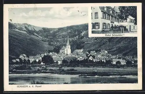 AK Senheim a. d. Mosel, Ortsansicht mit Hotel Schneider