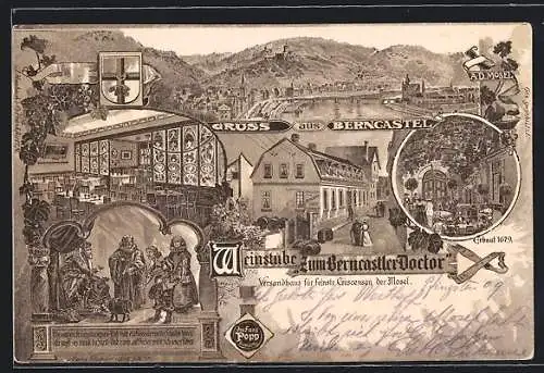 Lithographie Berncastel, Gasthaus Weinstube zum Berncastler Doctor