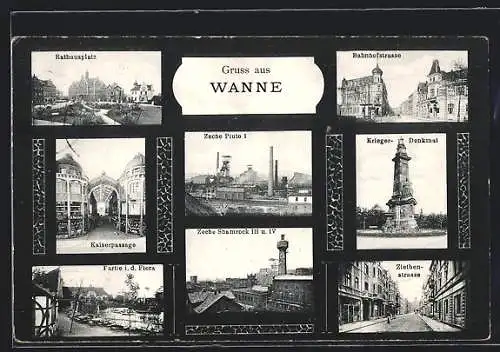 AK Wanne, Zeche Pluto I, Bahnhofstrasse, Rathausplatz