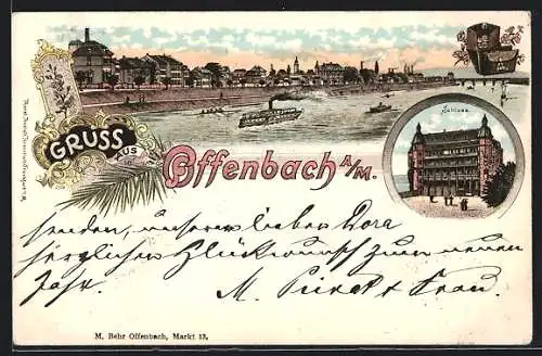 Lithographie Offenbach a. M., Ortsansicht mit Dampfer und Schloss