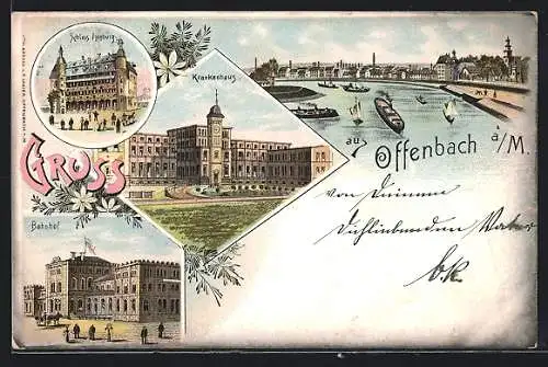 Lithographie Offenbach / Main, Bahnhof, Schloss Isenburg, Krankenhaus, Dampfer