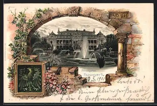 Passepartout-Lithographie Frankfurt-Westend, Palmengarten im Rahmen, Adler