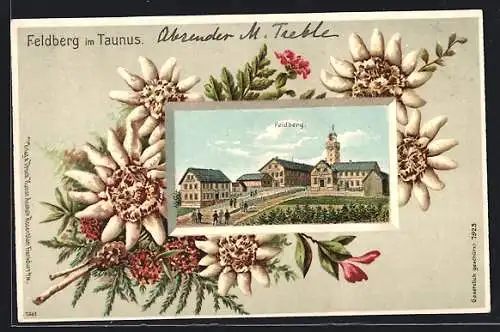 Passepartout-Lithographie Feldberg im Taunus, Ortsansicht mit Kirche auf einem Blumenstrauss