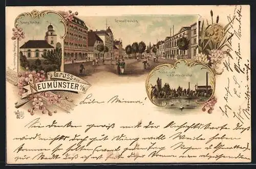 Lithographie Neumünster i. H., Strassenpartie am Grassflecken, Evang. Kirche, Teichansicht v. d. Mühlenbrücke