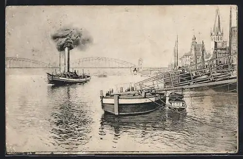 AK Düsseldorf, Rheinpartie mit Dampfer