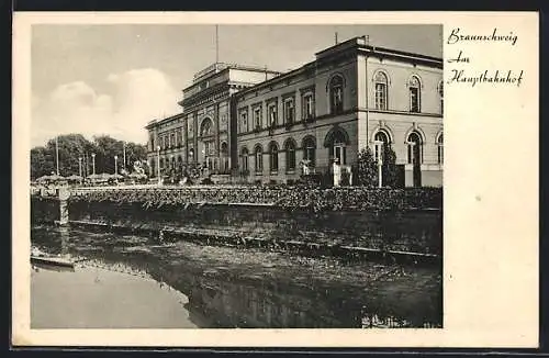 AK Braunschweig, Hauptbahnhof, vom Wasser gesehen